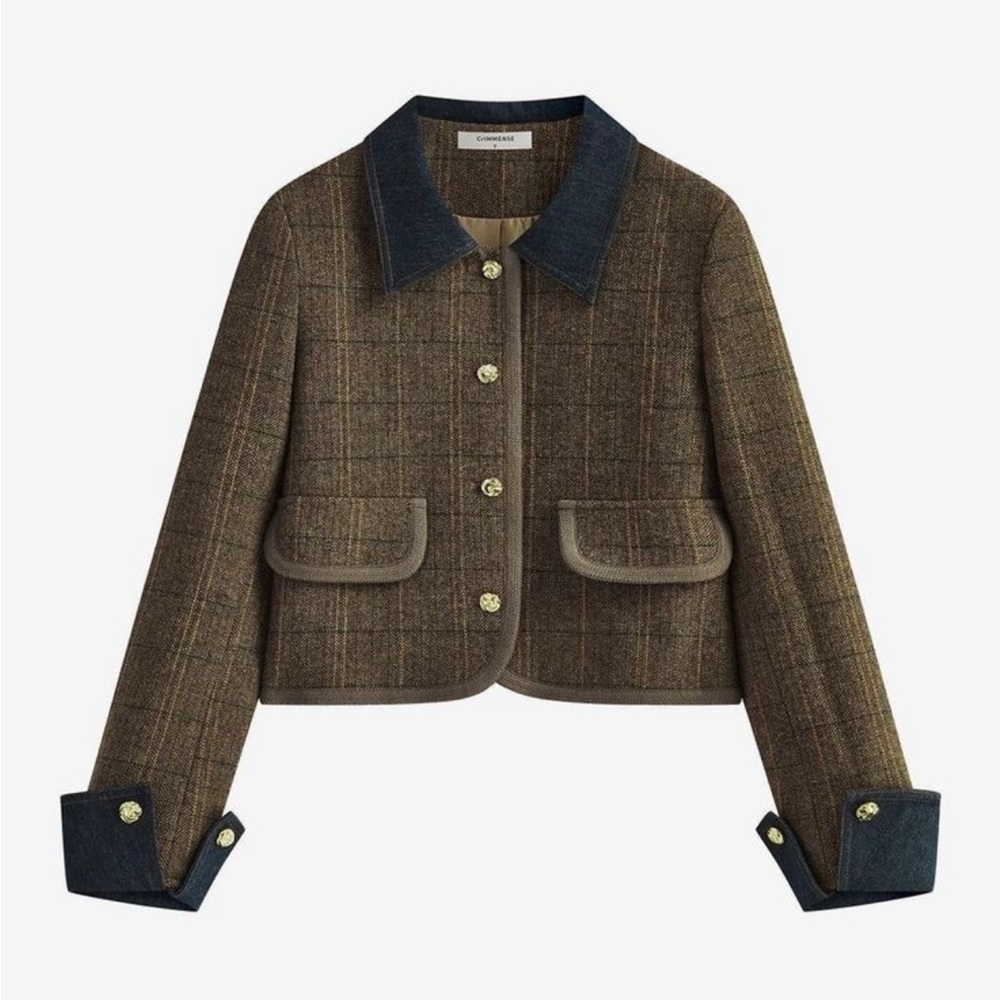 Commense Brown Plaid Blazer with Denim Trim